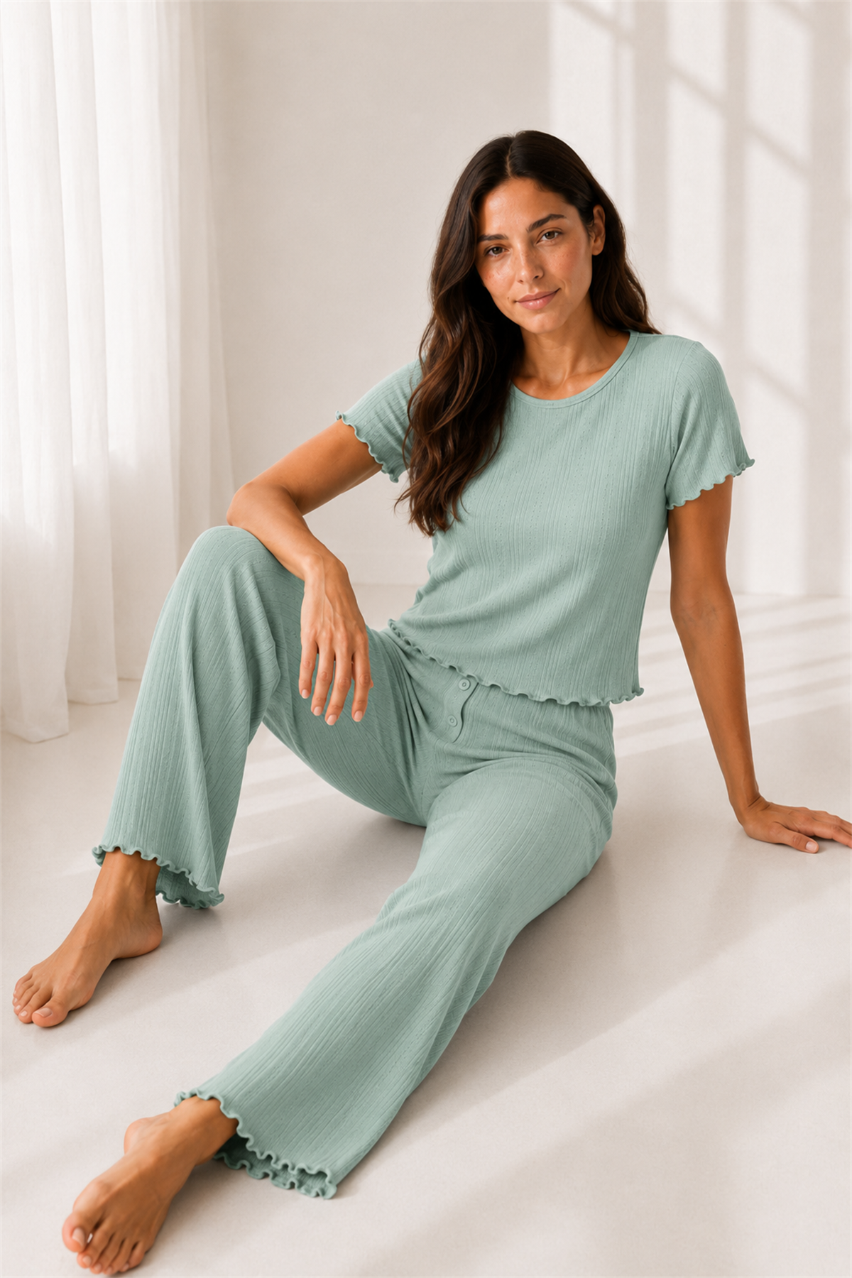 Mint Pamuk Ajurlu Kaşkorse Kadın Pijama Takımı