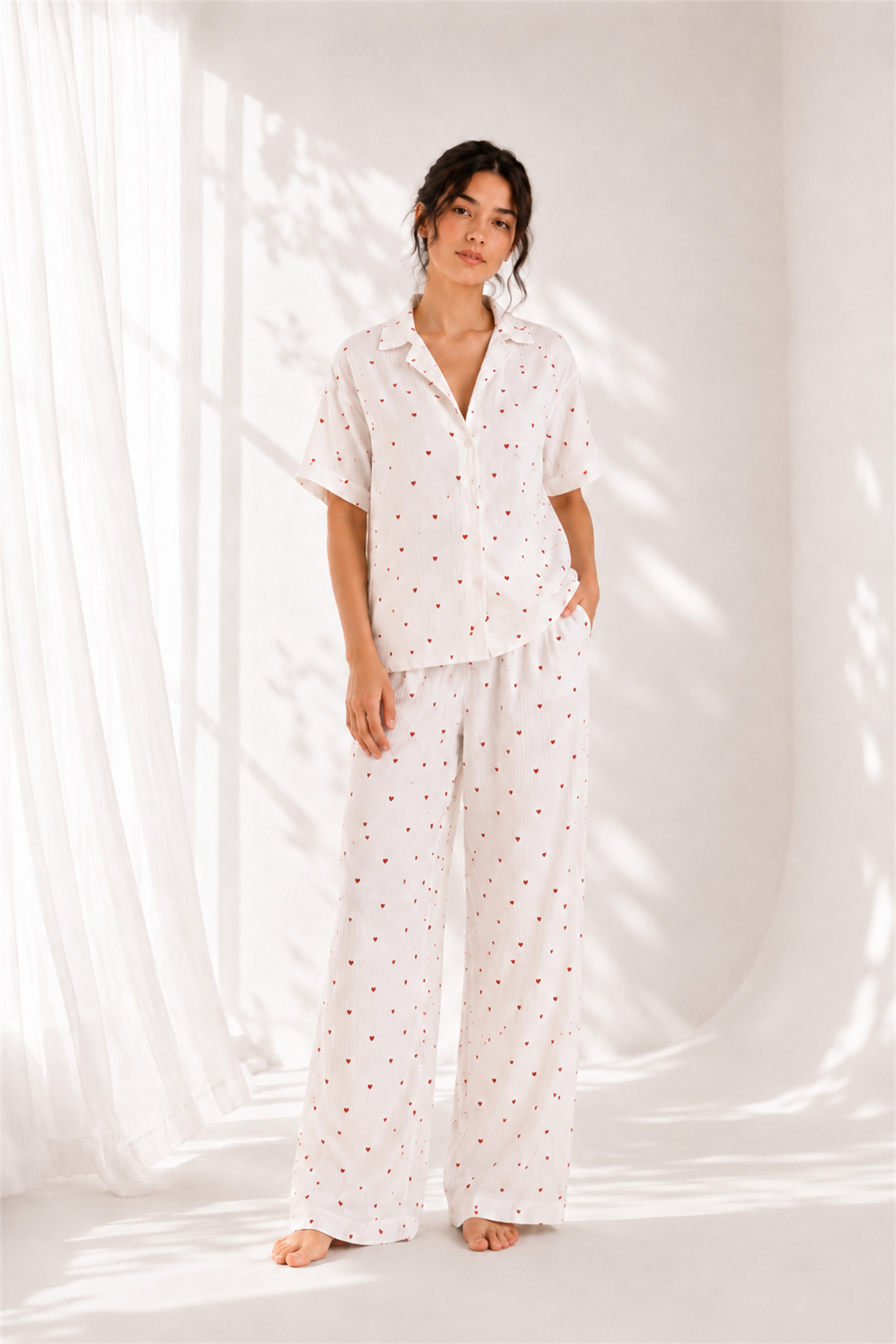 Müslin Kalp Desenli Kadın Pijama Takımı
