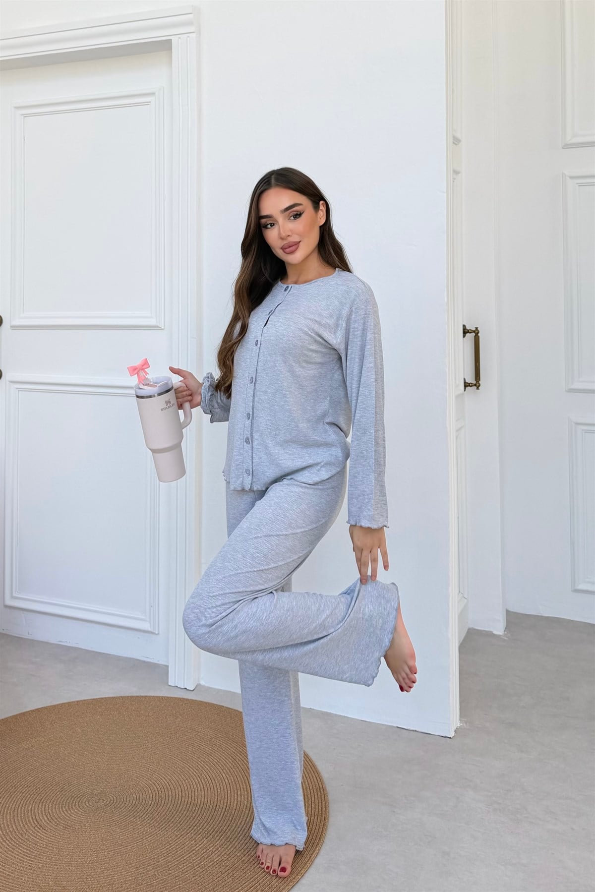 Önden Duğmeli Gri Fitilli Pijama Takımı