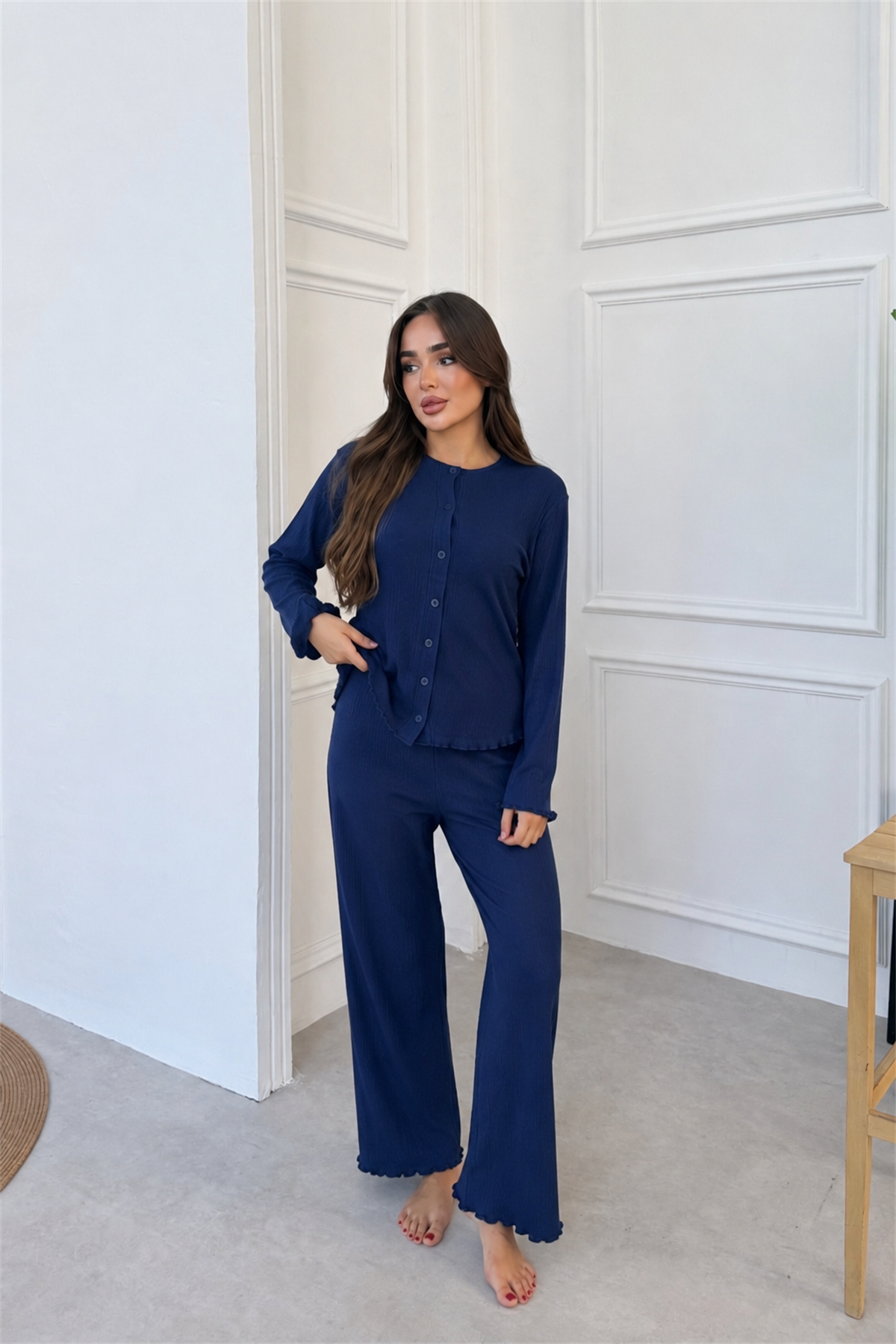 Önden Duğmeli Lacivert Fitilli Pijama Takımı