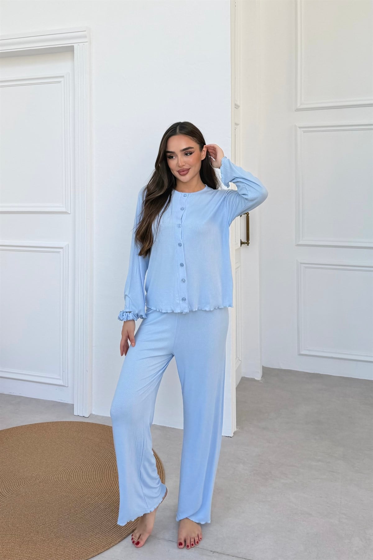 Önden Duğmeli Mavi Fitilli Pijama Takımı
