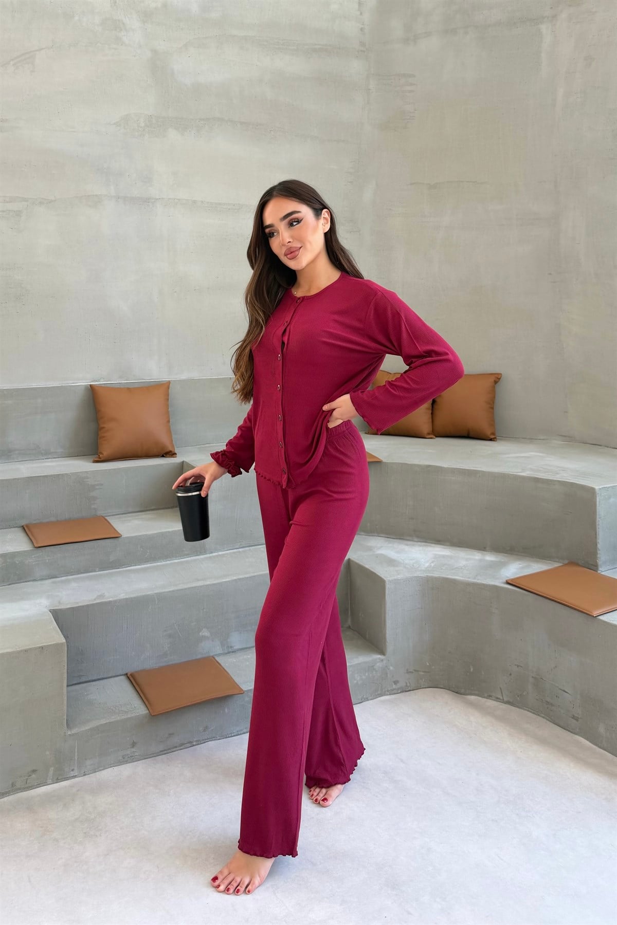 Önden Duğmeli Vişne Fitilli Pijama Takımı