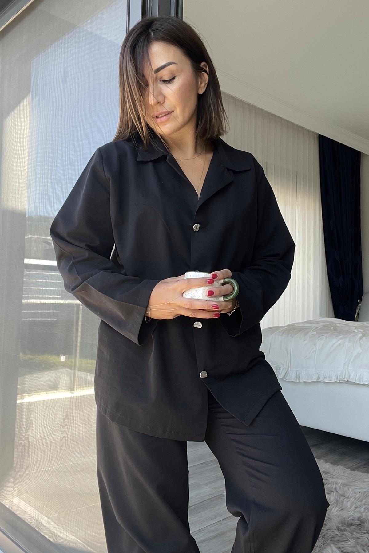 Siyah Oversize Dokuma Pijama Takımı
