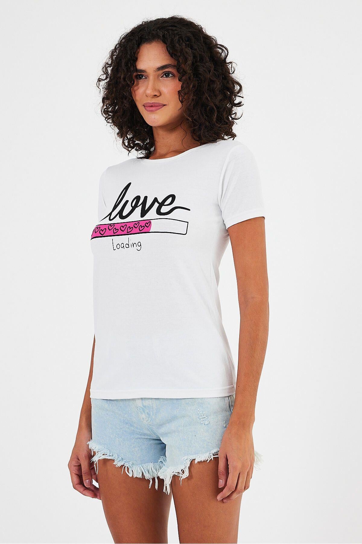 Kadın Love Baskılı Pamuklu Esnek Rahat Bisiklet Yaka Tişört Beyaz