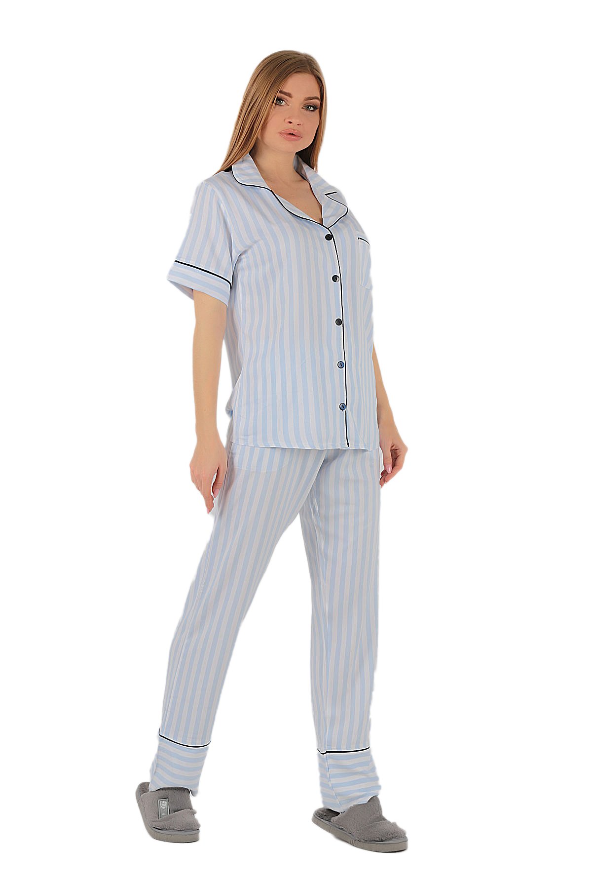 Kadın Pijama Takımı Çizgili Mavi-Beyaz | Penyelux Kadın İç Giyim