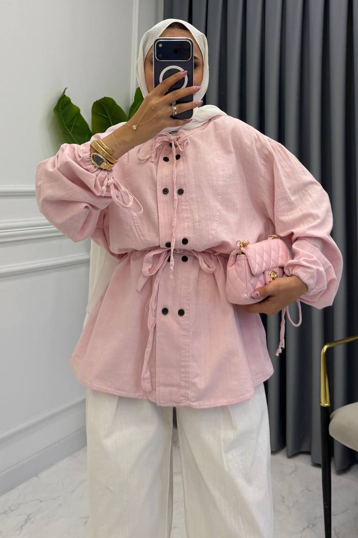 ÇOK DÜĞMELİ KETEN GÖMLEK PEMBE