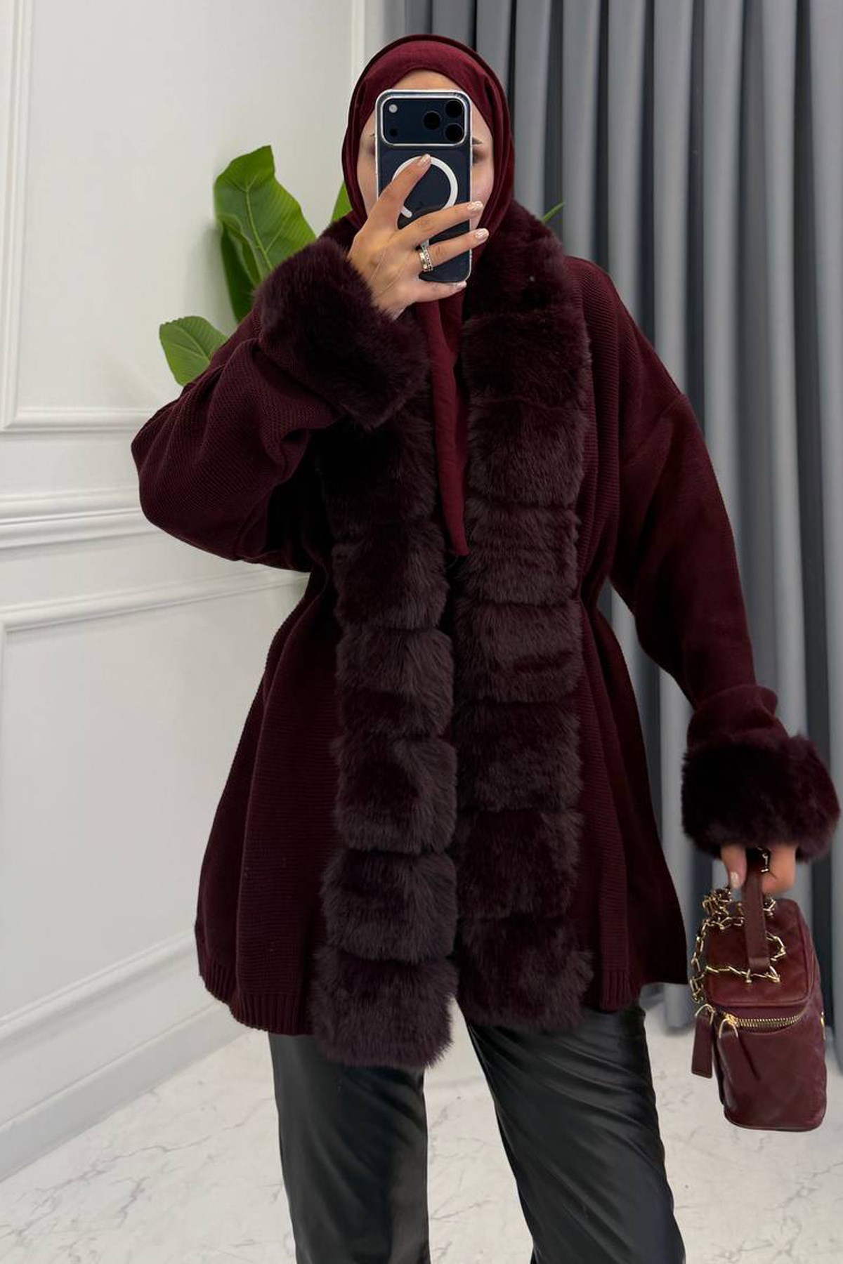KÜRK DETAYLI HIRKA BORDO