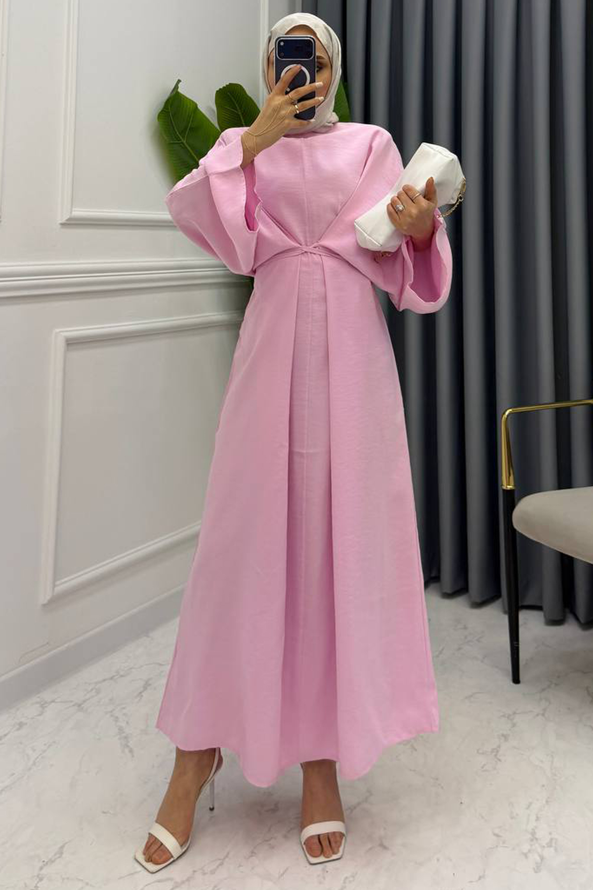 SİYONA KETEN ELBİSE PEMBE