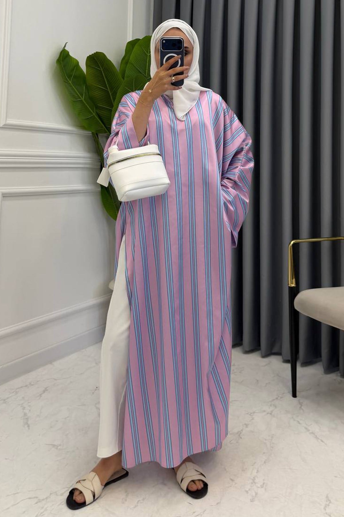 YIRTMAÇLI ÇİZGİLİ SATEN TUNİK PEMBE