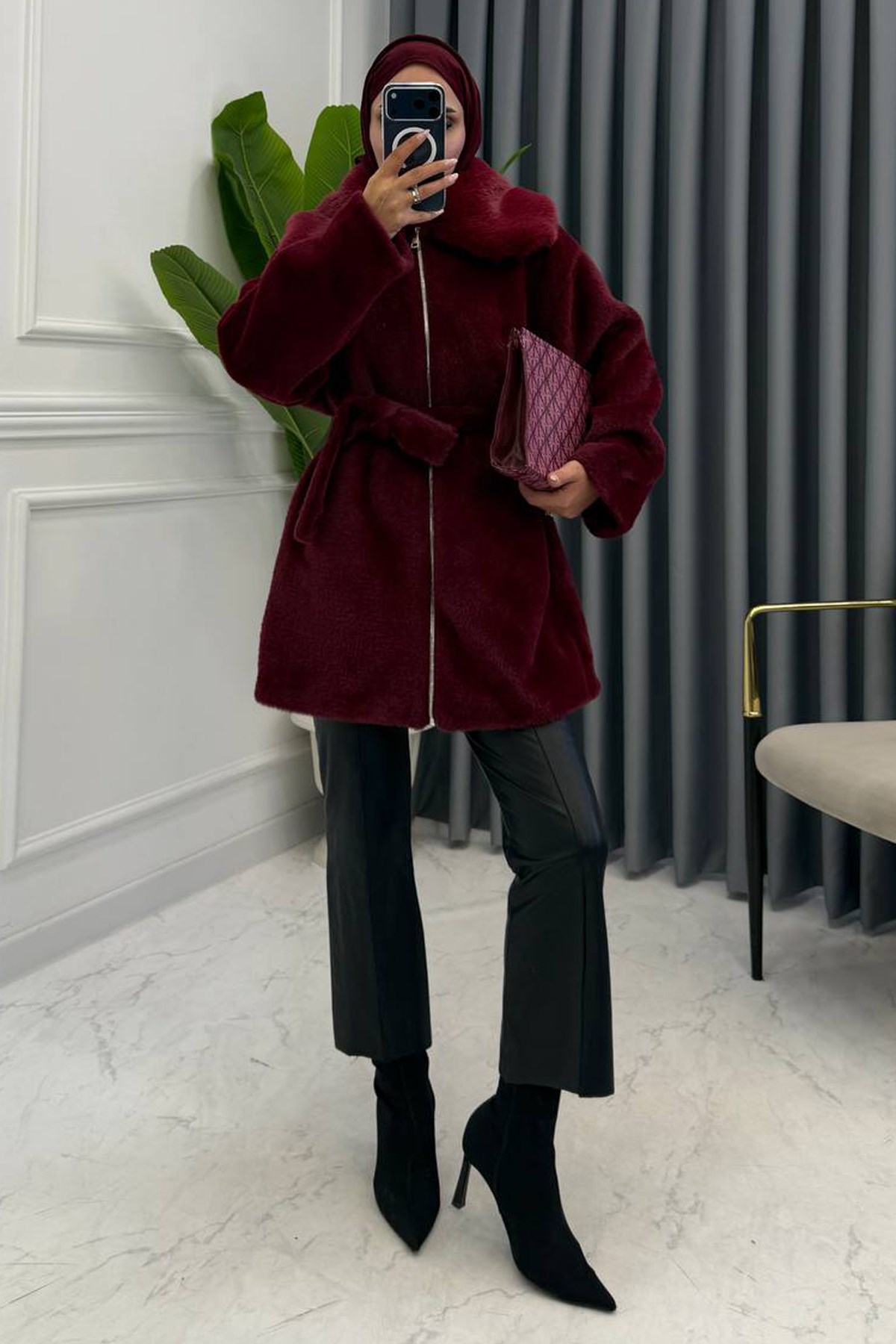 ANGORA KÜRK KABAN BORDO