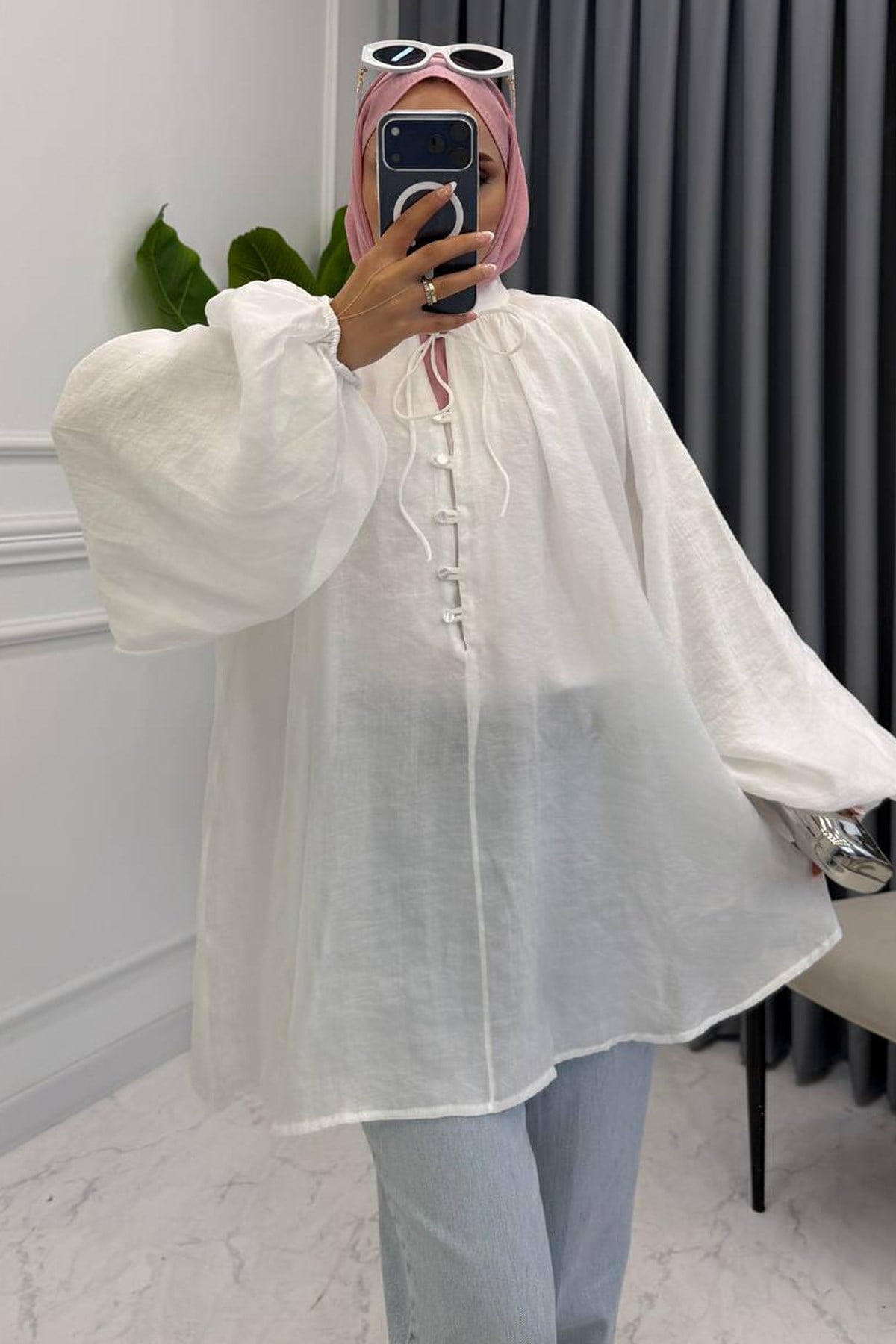 DÜĞMELİ VUAL TUNİK BEYAZ