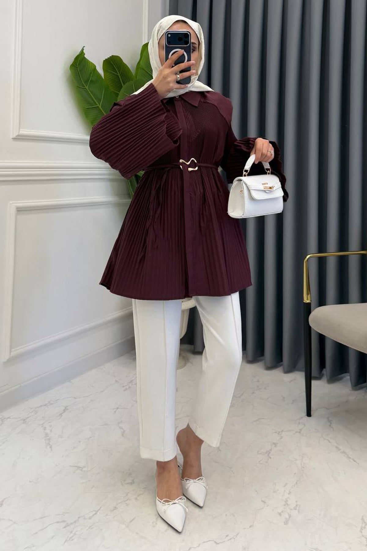 HELA PİLELİ GÖMLEK BORDO