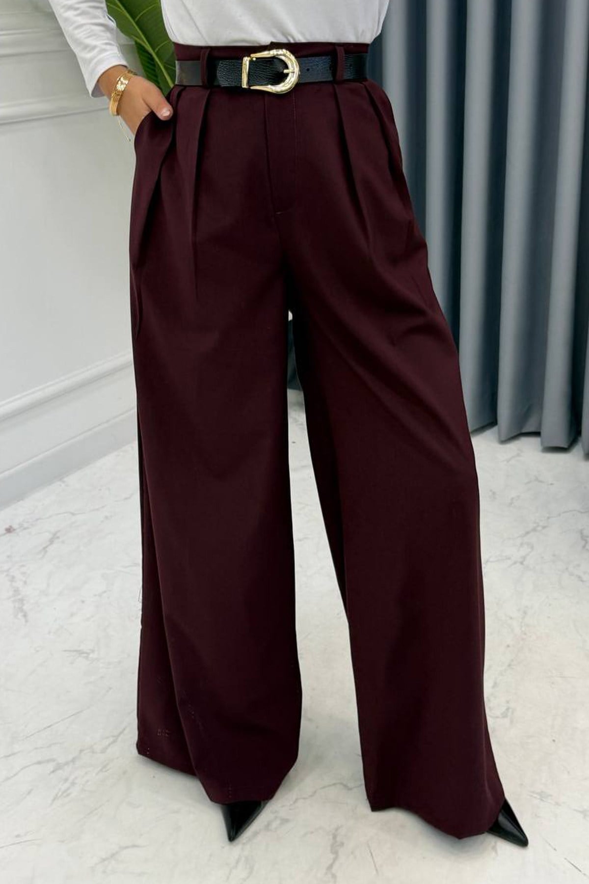KEMERLİ PALAZZO PANTOLON BORDO
