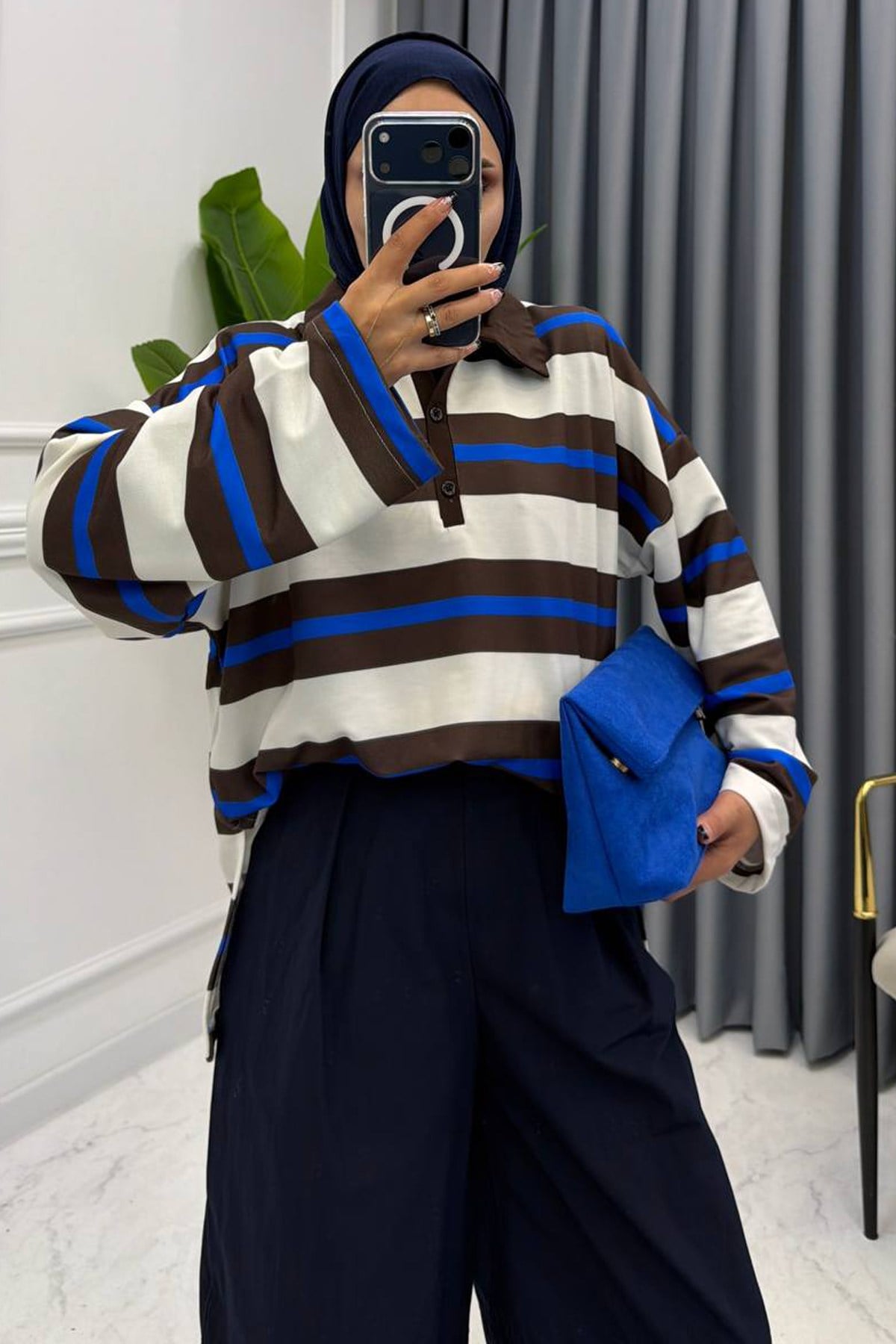 POLO YAKA ÇİZGİLİ SWEAT KAHVE
