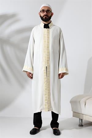 Altın Sarısı Desen İşlemeli Krem Hakim Yaka Çıt Çıtlı, Cepli İmam Cübbesi