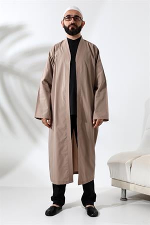 Bej Erkek Namaz Elbisesi V Yaka Düğmesiz Önü Açık Namaz Cübbesi
