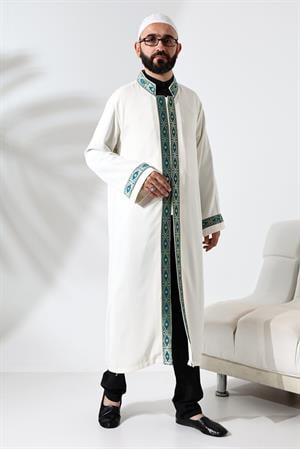 Yeşil Desen İşlemeli Krem Hakim Yaka Çıt Çıtlı, Cepli İmam Cübbesi
