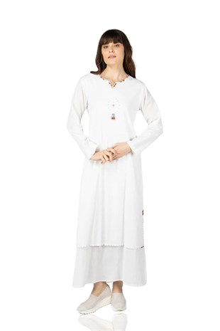 Büyük Beden Uzun Kol Şile Bezi Boncuklu Elbise Beyaz