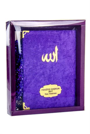 Kadife Kaplı Yasin Kitabı - Çanta Boy - İsme Özel Plakalı - Tesbihli - Kutulu - Mor Renk - Mevlid Hediyeliği