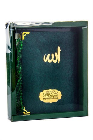 Kadife Kaplı Yasin Kitabı - Çanta Boy - İsme Özel Plakalı - Tesbihli - Kutulu - Yeşil Renk - Mevlid Hediyeliği