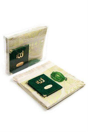 Kadife Yasin Kitabı Çanta Boy İsme Özel Plakalı Seccadeli Tesbihli Kutulu Yeşil