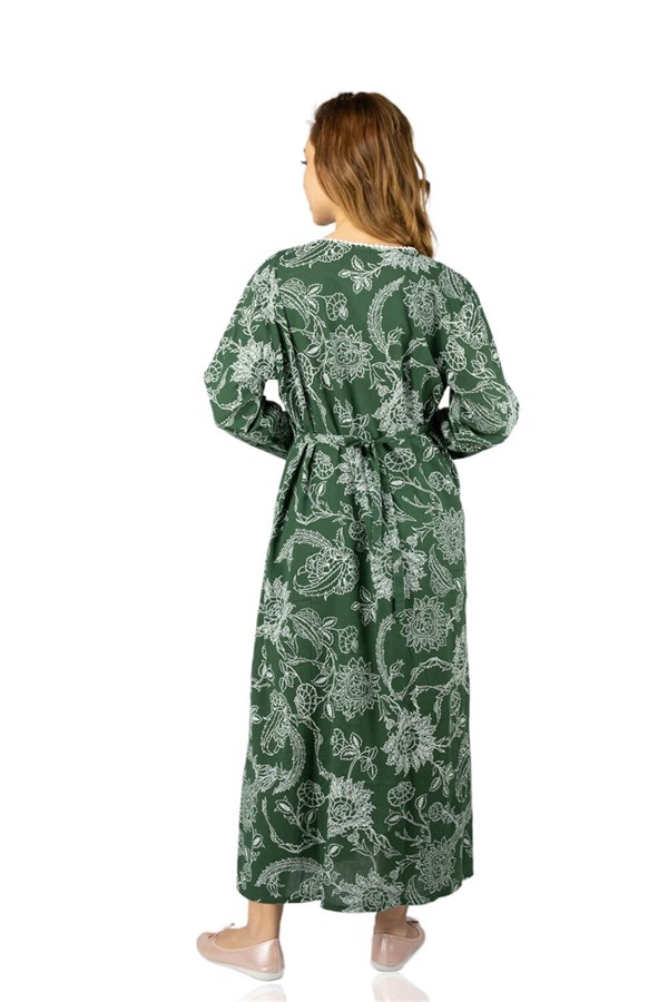 Büyük Beden Uzun Kol Şile Bezi Baskılı Elbise Çınar Desen Yeşil