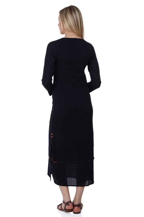 Büyük Beden Uzun Kol Şile Bezi Boncuklu Elbise Siyah