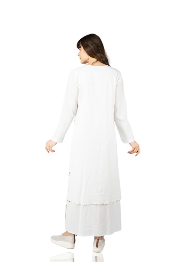 Büyük Beden Uzun Kol Şile Bezi Boncuklu Elbise Beyaz