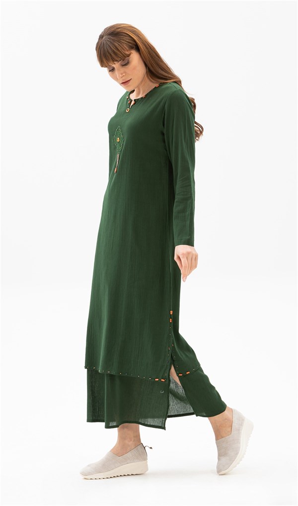 Büyük Beden Uzun Kol Şile Bezi Boncuklu Elbise Yeşil