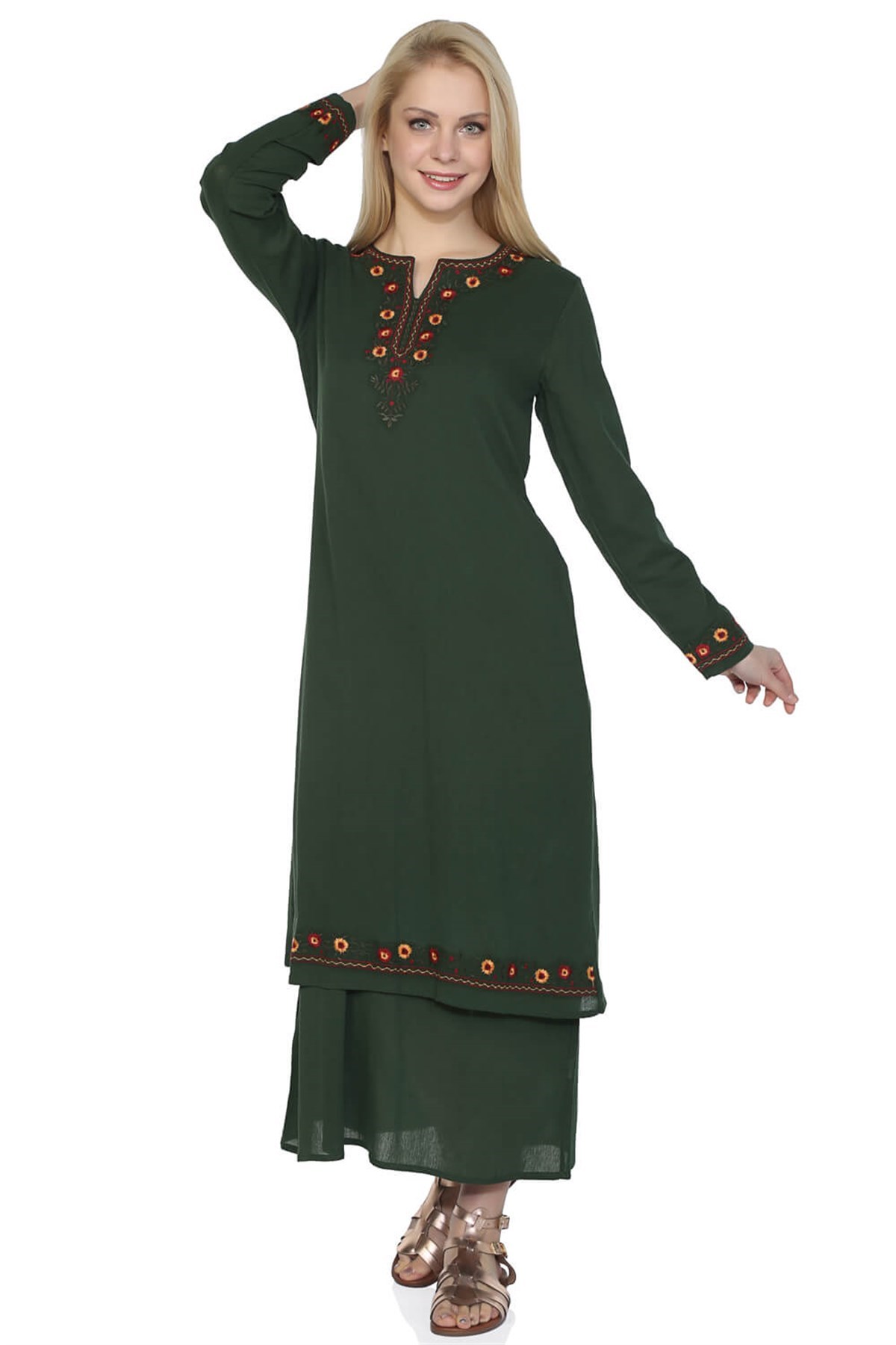 Büyük Beden Uzun Kol Şile Bezi Sibel Elbise Yeşil | Minber