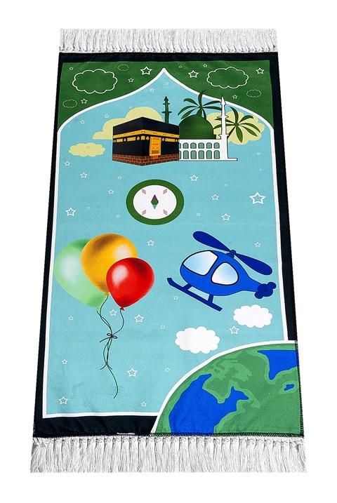 Dijital Baskılı Çocuk Seccadesi - Balonlu Kabeli Yeşil Renk - 44 X 78 cm