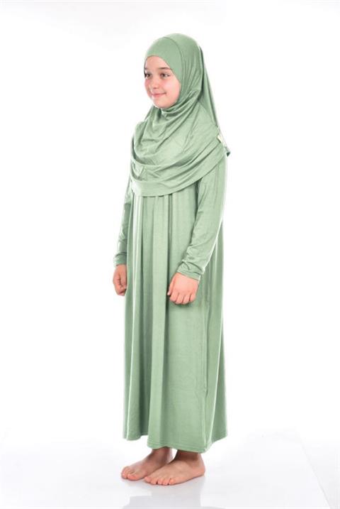 İhvan Çocuk Pratik Namaz Elbisesi 9-11 Yaş Mint Yeşili Rengi