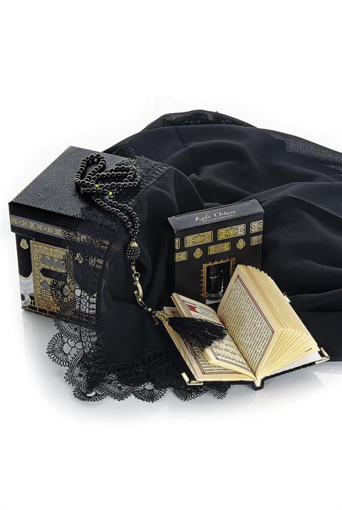 Kabe Desenli Özel Kutulu Mevlüt Hediye Seti -  Dantelli Eşarp – Esans - İnci Tesbih - Kadife Kaplı Yasin Kitabı - Siyah