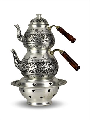 Ağır 1 mm Kalın Keski Eskitme Kalaylı Bakır Çaydanlık 2,6 Lt ve Isıtıcı
