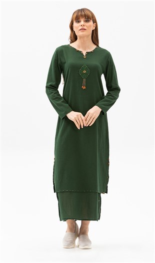 Büyük Beden Uzun Kol Şile Bezi Boncuklu Elbise Yeşil