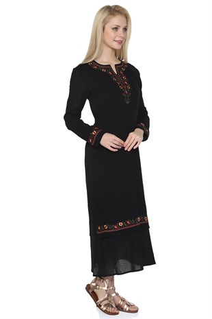 Büyük Beden Uzun Kol Şile Bezi Sibel Elbise Siyah