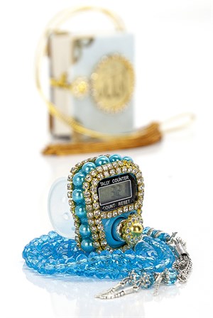 Taşlı Zikirmatik - Mini Kuran - Kristal Taş Tesbihli Hediyelik Set - Mavi Renk