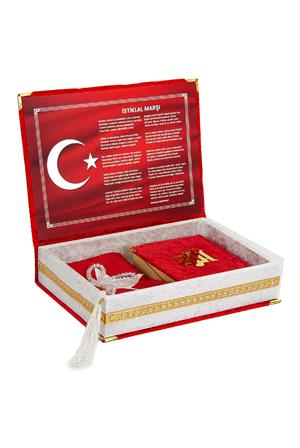 Türk Bayrağı Kutu Tasarımlı Tesbihli Kadife Kuran-ı Kerim Seti