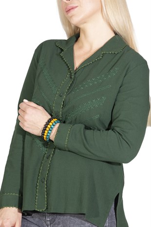 Uzun Kol Şile Bezi Oyalı Verev Bluz Yeşil