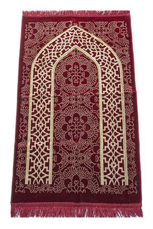 Velvet Prayer Rug with Mihrab Embroidery - Red
