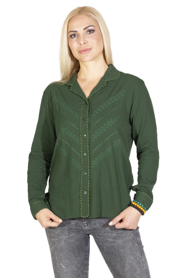 Uzun Kol Şile Bezi Oyalı Verev Bluz Yeşil
