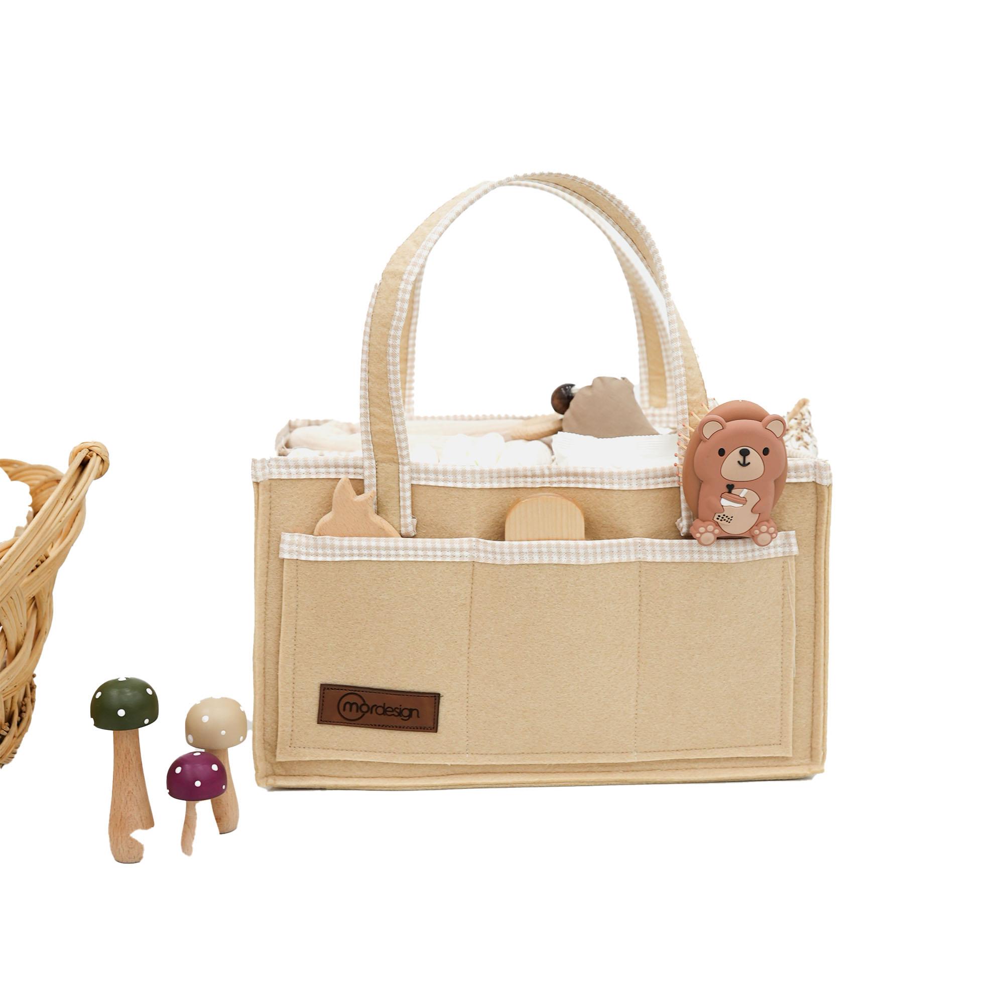 Çok Amaçlı Kalın Keçe Anne Bebek Bakım Çantası, Organizer, Çok Gözlü Düzenleyici, Gingham Serisi