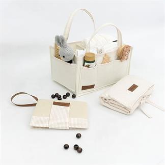 3'lü Bebek Bakım Seti; Keçe Anne Bebek Organizeri, Su Geçirmez Alt Değiştirme Pedi, Alt Açma Çantası,Bej