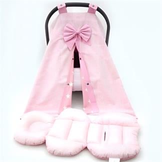 mordesign Çift Taraflı Ortopedik Puset Minderi, Örtü Ve Çarşaf 3'lü Set, Askı Stil, Ekose Serisi, Pembe