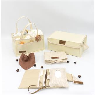 Yenidoğan Bebek Bakım Çeyiz Seti; Bebek Hediyesi,Anne Bebek Organizer,Bebek Hediye Kutusu, Krem Ekose