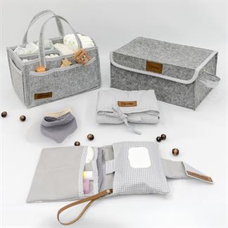Yenidoğan Bebek Bakım Çeyiz Seti; Bebek Hediyesi, Anne Bebek Organizer, Gri  Ekose 