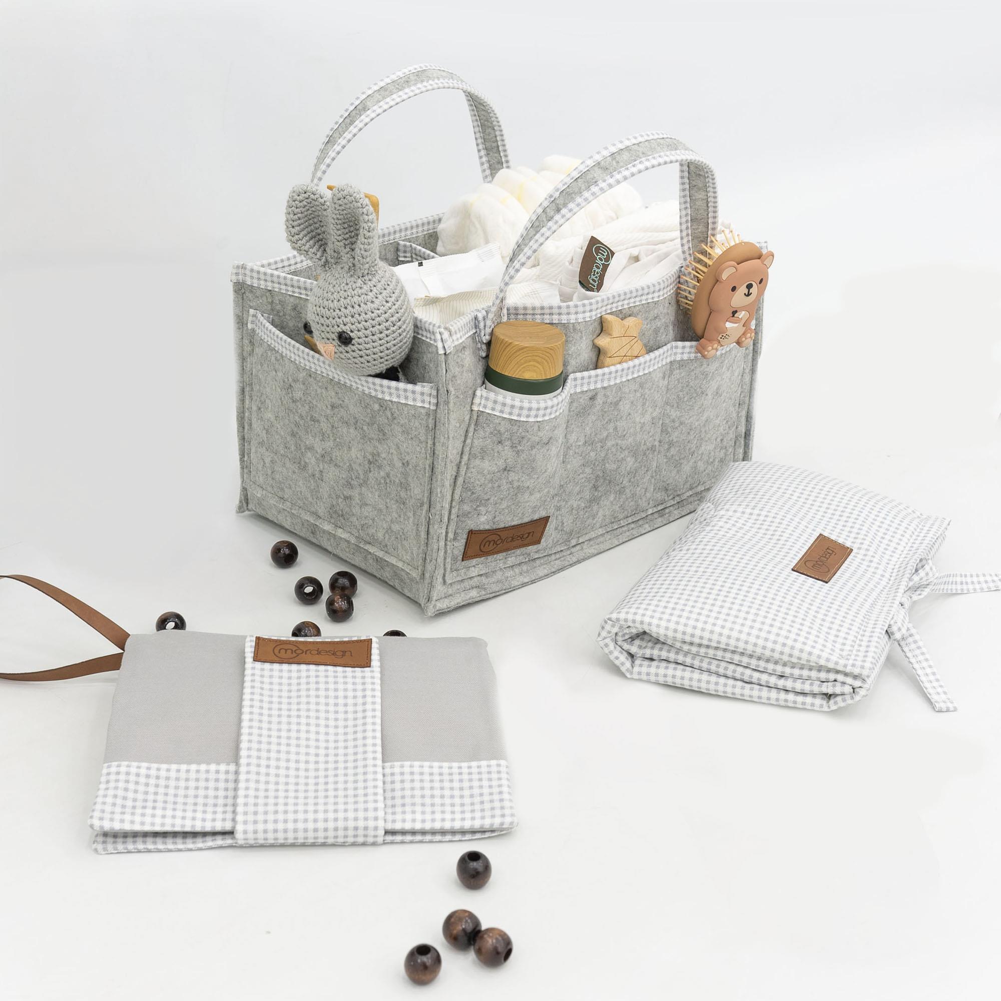 3'lü Bebek Bakım Seti; Keçe Anne Bebek Organizeri, Su Geçirmez Alt Değiştirme Pedi, Alt Açma Çantası,Gri