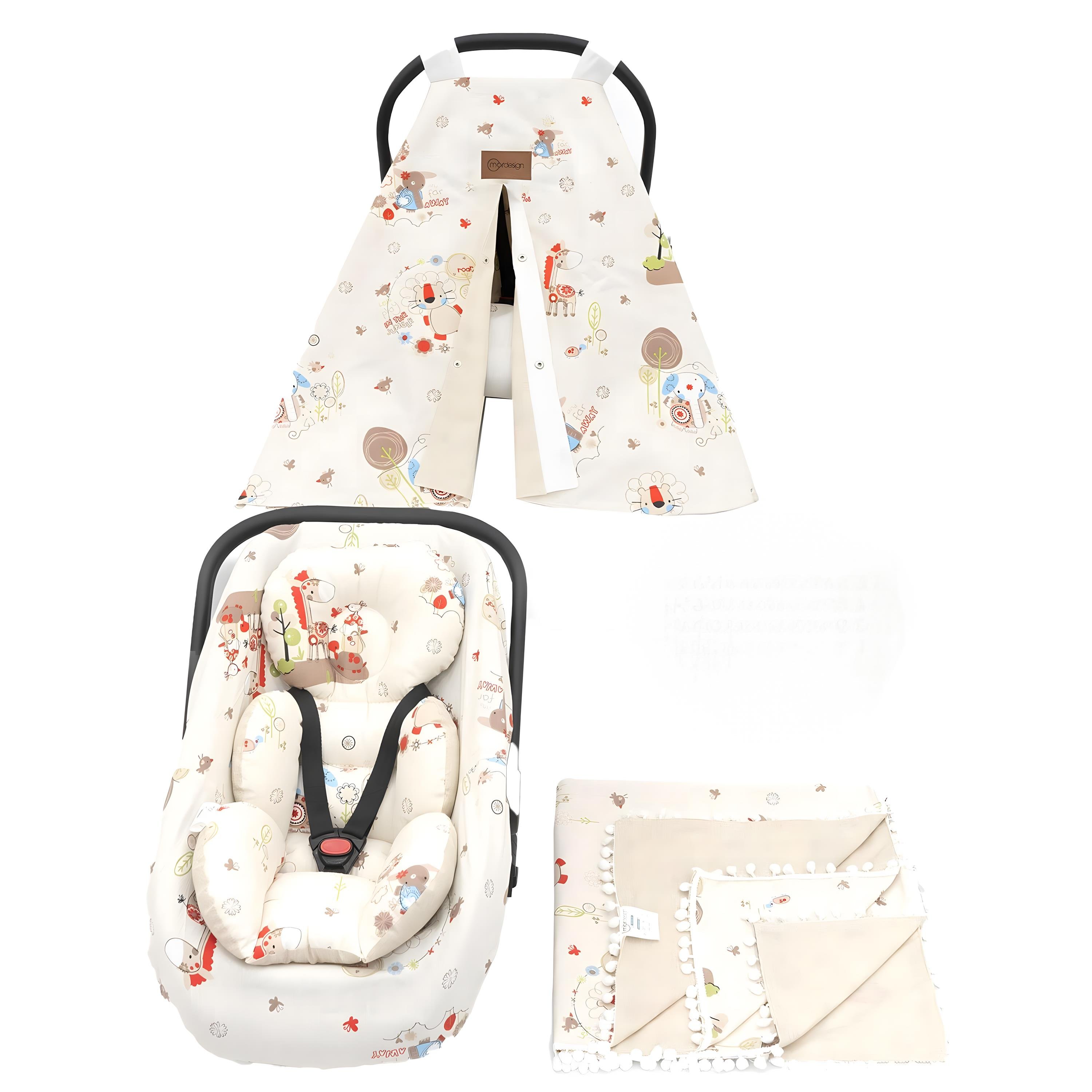 Çift Taraflı Ortopedik Puset Minderi, Örtü, Çarşaf ve Bebek Pikesi, 4' lü Seyahat Set, Animal Serisi