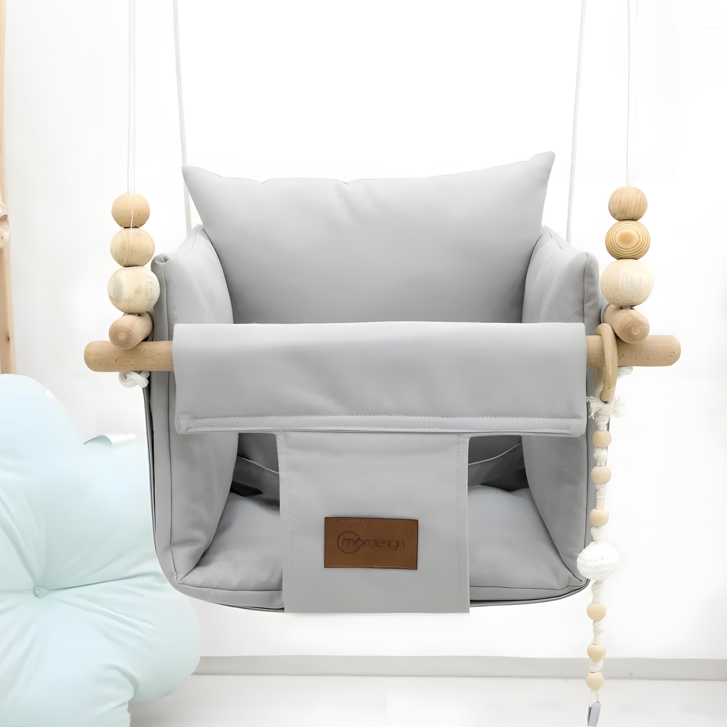 Mordesign Tavana Asılan Ahşap Bebek Salıncağı, Yastık ve Minderli Çocuk Ev/Bahçe Salıncağı, Pukapuka Serisi, Gri
