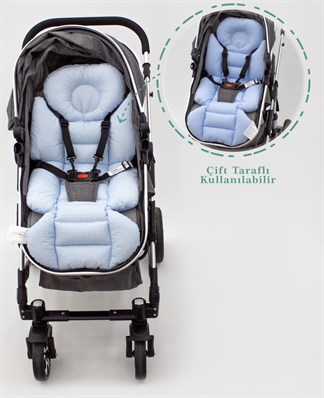 Bebek Arabası Minderi, Bel Destekli, Çift Taraflı Kullanım, Ekose Serisi, Mavi